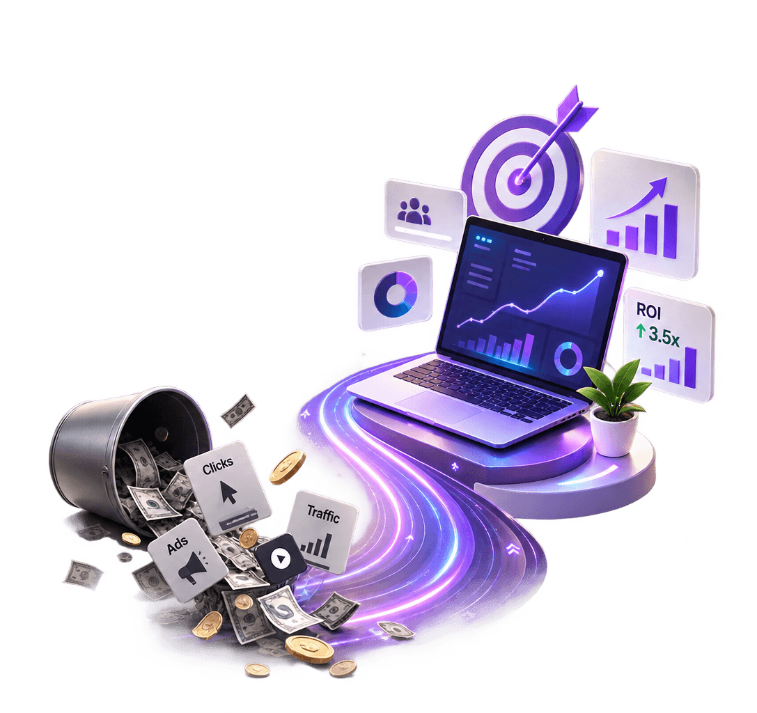 3D illustration of digital marketing growth — ads, clicks, and traffic flowing into analytics dashboards showing 3.5x ROI and upward revenue trends