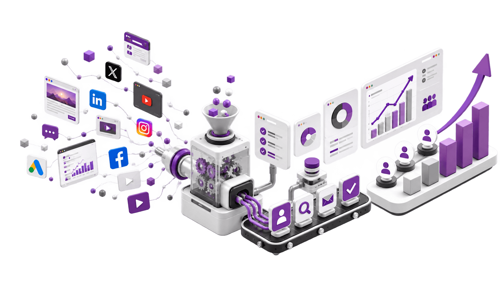 3D illustration of a marketing growth engine — social channels and ads flowing through gears and automation into organized data, customer conversion, and upward business growth